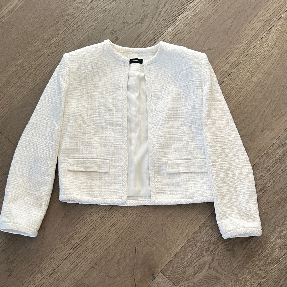 Theory White Tweed Cropped Jacket Blazer